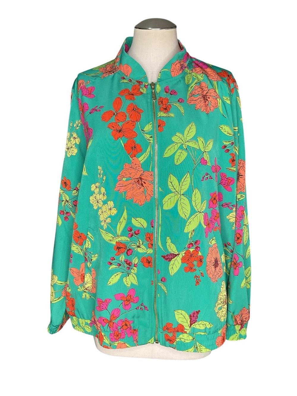 Susan Graver Floral Zip Front Jacket 1X Green Tropical Lightweight Blazer - Picture 2 of 6